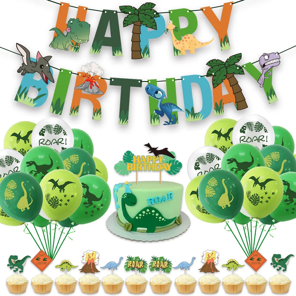 Dinosaur Birthday Party Decoration Set – Plates, Cups, Balloons & Banner Kit (61pcs)