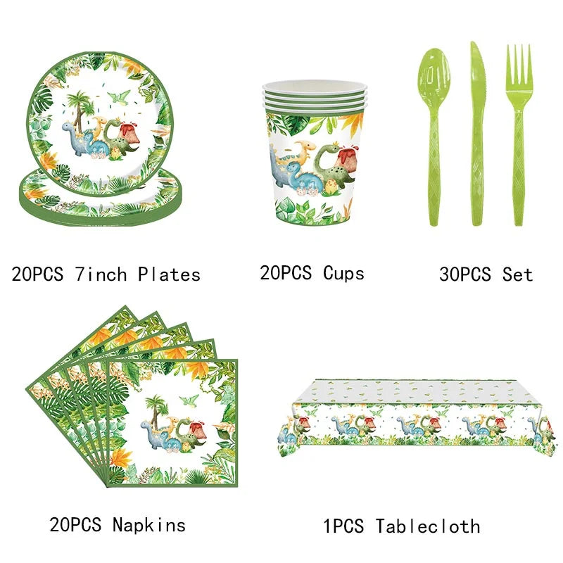 Dinosaur Birthday Party Decoration Set – Plates, Cups, Balloons & Banner Kit (61pcs)