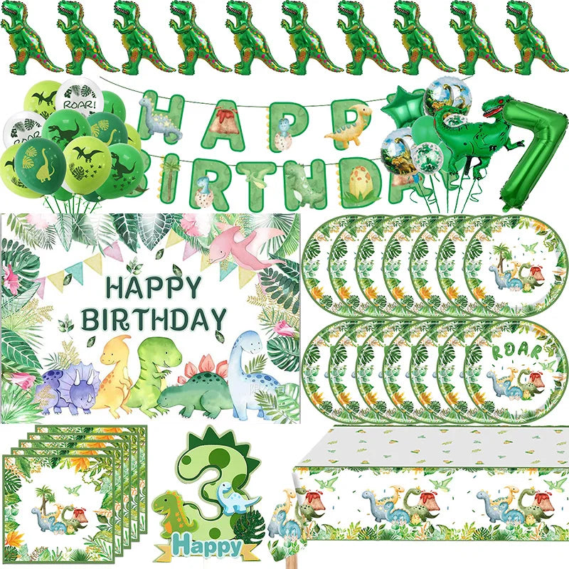 Dinosaur Birthday Party Decoration Set – Plates, Cups, Balloons & Banner Kit (61pcs)