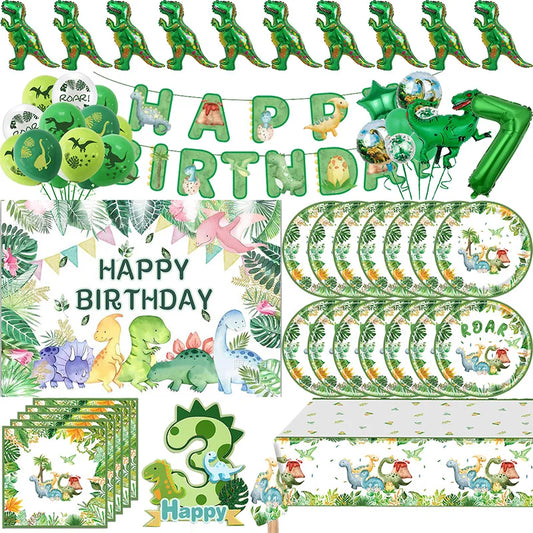 Dinosaur Birthday Party Decoration Set – Plates, Cups, Balloons & Banner Kit (61pcs)