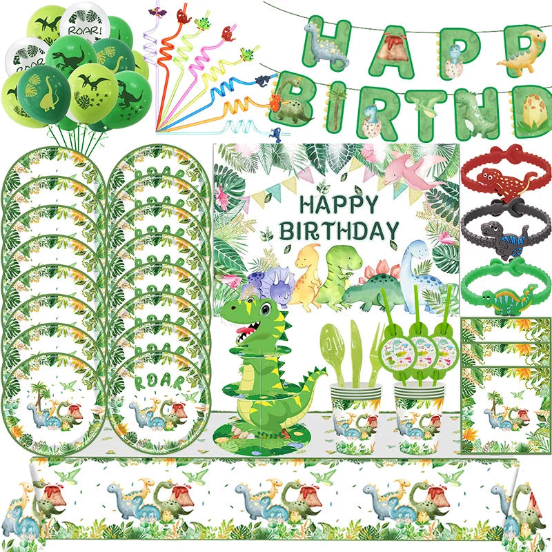 Dinosaur Birthday Party Decoration Set – Plates, Cups, Balloons & Banner Kit (61pcs)