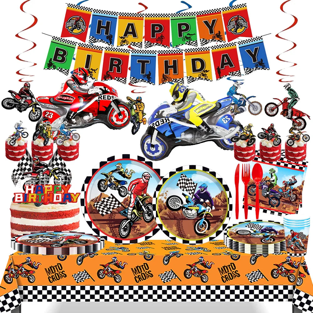 Dirt Bike Birthday Party Decoration Set – Banner, Plates, Cups & Balloons