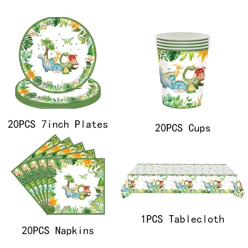 Dinosaur Birthday Party Decoration Set – Plates, Cups, Balloons & Banner Kit (61pcs)