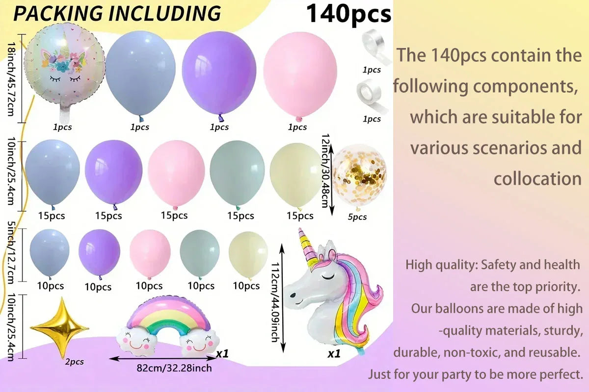 Unicorn Balloon Arch Garland Kit – 140pcs Rainbow Party Decorations